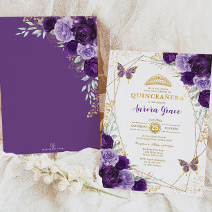 Convites Purple Lilac Quinceañera Dourada Tiara Geométrica
