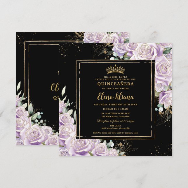 Convites Purple Lilac Rosa Floral Dourada Quinceanera Sweet (Frente/Verso)