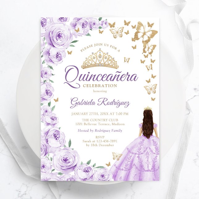 Convites Purple Lilcolor Watercolor Quinceanera Dourada Flo (Criador carregado)
