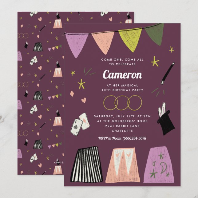 Convites Purple Magic Show Kids Birthday (Frente/Verso)