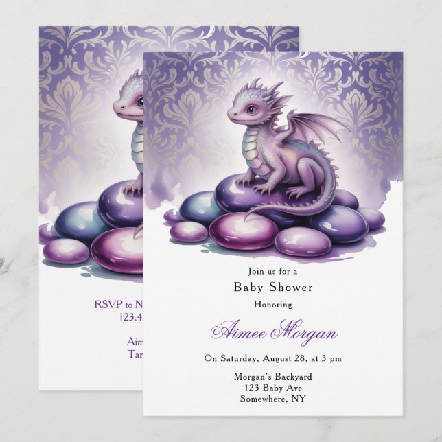 Convites Purple Magical Dragon Baby Shower (Frente/Verso)