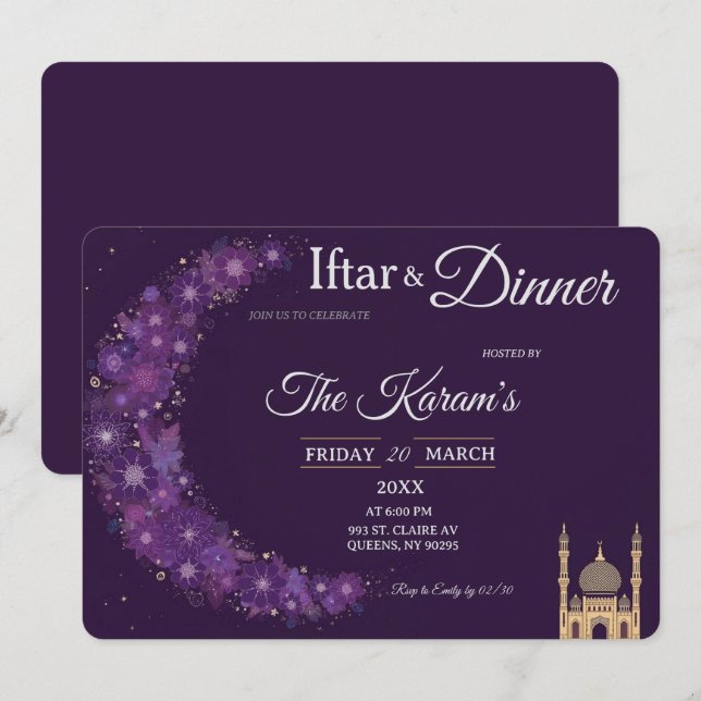Convites Purple Minimal Mosque Ramadan Iftar Party  (Frente/Verso)