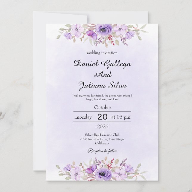 Convites Purple Minimalist Floral Wedding Invitations (Frente)