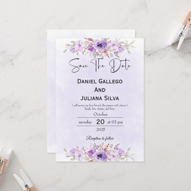 Convites Purple Minimalist Floral Wedding Save the Date (Frente/Verso In Situ)