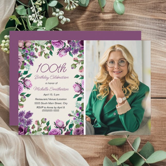 Convites Purple Mint Green Floral 100th Aniversário Foto (Purple and mint green floral 100th birthday party photo invitation)