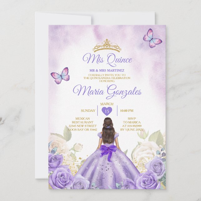 Convites Purple Mis Quince Lavanda 15 Anos Silver Crown (Frente)