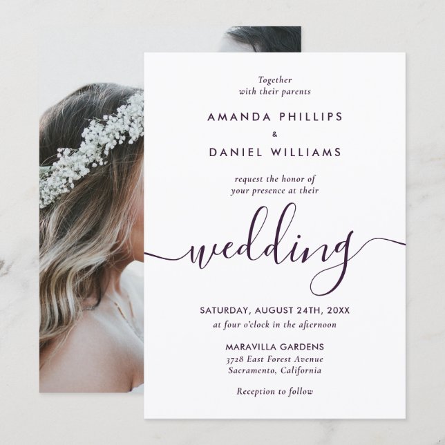 Convites Purple Modern Script Elegant Photo Wedding (Frente/Verso)