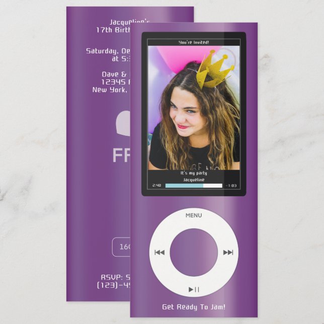 Convites Purple MP3 Music Player II Birthday (Frente/Verso)