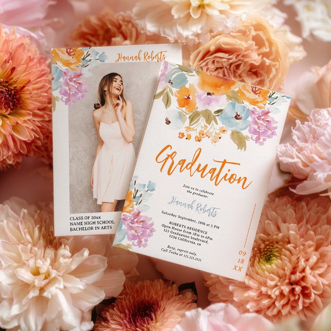 Convites Purple Orange photo Boho floral graduation (Purple Orange photo Boho floral graduation Invitation)