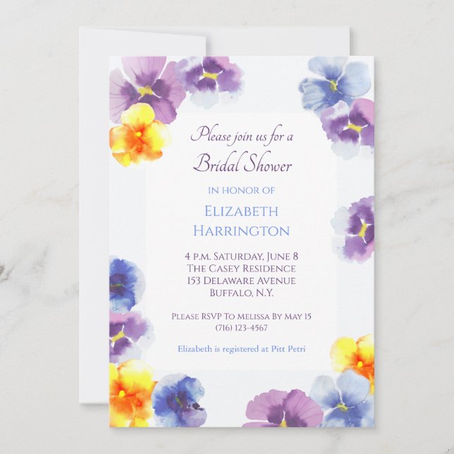Convites Purple Pansies Boho Hand-Illustrated Bridal Shower (Frente)