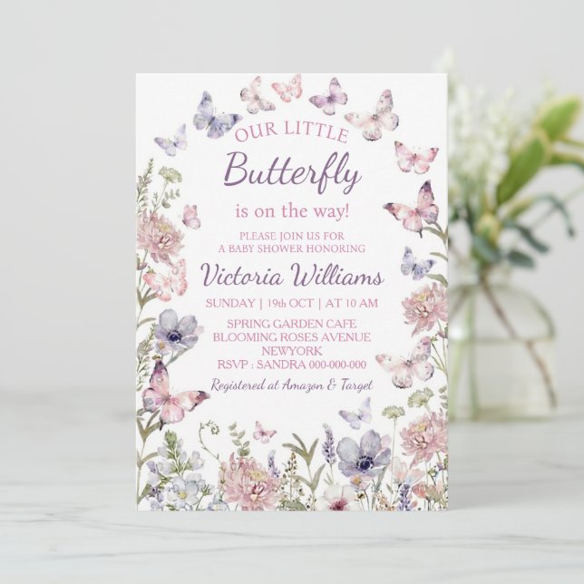 Convites Purple Pink Butterfly Baby Girl Baby Shower (Em pé/Frente)