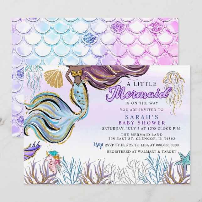 Convites Purple Pink Modern Glitter Mermaid Baby Shower (Frente/Verso)