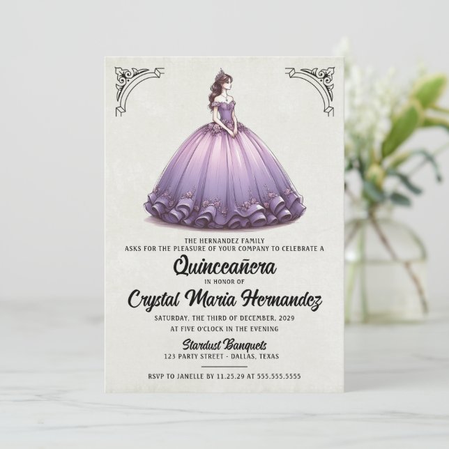 Convites Purple Quinceañera (Em pé/Frente)