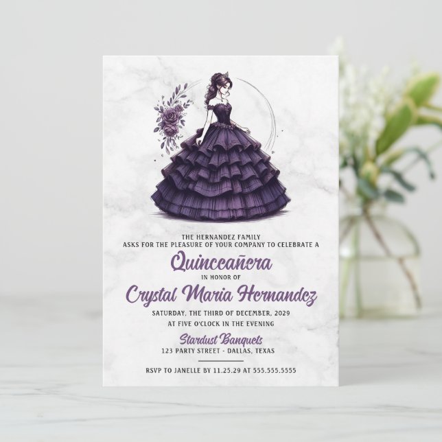 Convites Purple Quinceañera (Em pé/Frente)