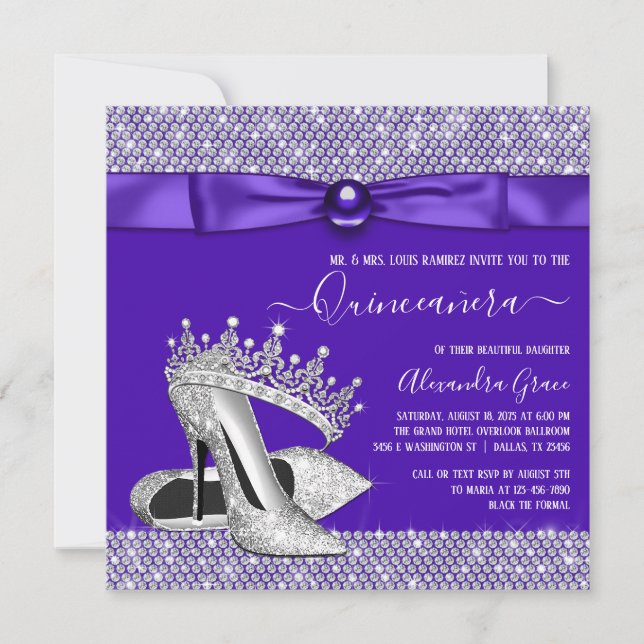 Convites Purple Quinceanera Diamond Tiara Princess (Frente)
