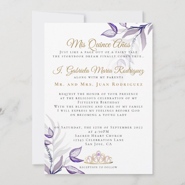Convites Purple Quinceañera Mis Quince Años Follaje Morado (Verso)