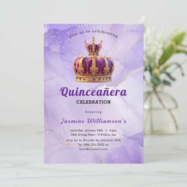Convites Purple Quinceanera Princess Crown Birthday Party  (Em pé/Frente)