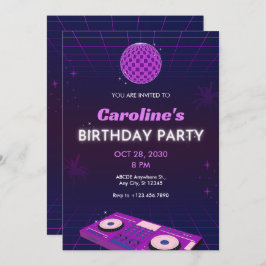 CONVITES PURPLE RETRO NIGHT DJ DISCO BALL BIRTHDAY PARTY