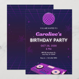 CONVITES PURPLE RETRO NIGHT DJ DISCO BALL BIRTHDAY PARTY
