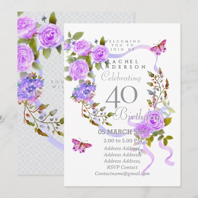 Convites Purple Rose Ribbon 40th  Birthday Invitation (Frente/Verso)