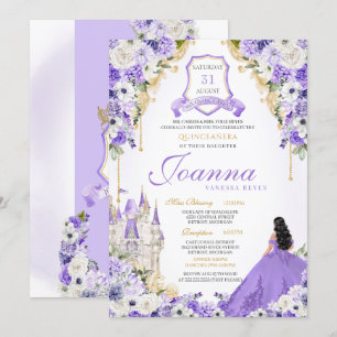 Convites Purple Royal Princess Dourada e Lavanda Quinceaner