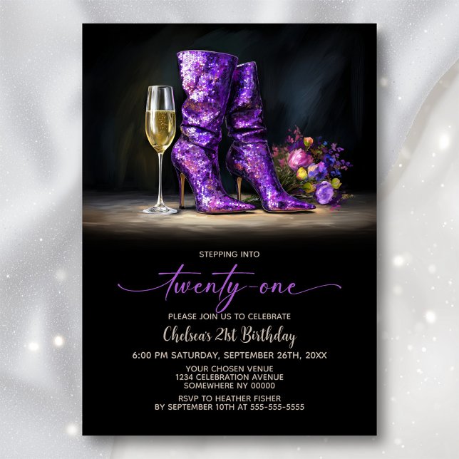 Convites Purple Sequin Boots 21st Birthday Party (Criador carregado)