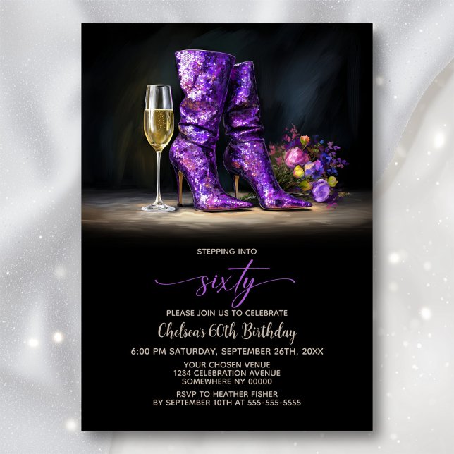 Convites Purple Sequin Boots 60th Birthday Party (Criador carregado)
