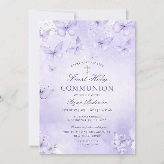 Convites Purple Silver Butterfly First Holy Communion  (Frente)