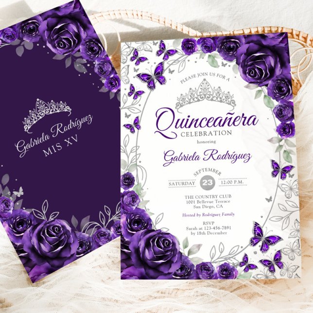 Convites Purple Silver Floral Quinceanera (Criador carregado)