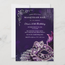 Convites Purple Silver Masquerade Elegant Birthday Party