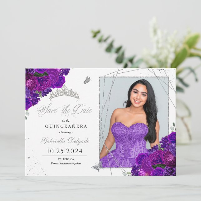 Convites Purple & Silver Quinceañera Salve A Foto Da Data (Em pé/Frente)