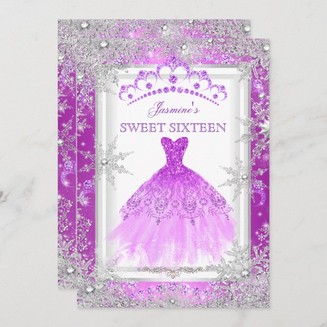 Convites Purple Silver Winter Wonderland Sweet 16 (Frente/Verso)