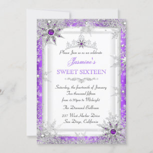 Convites Purple Silver Winter Wonderland Sweet 16 Snowflake