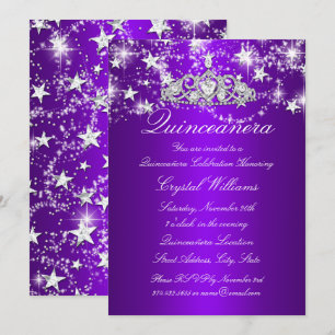 Convites Purple Sparkle Tiara & Stars Quinceanera