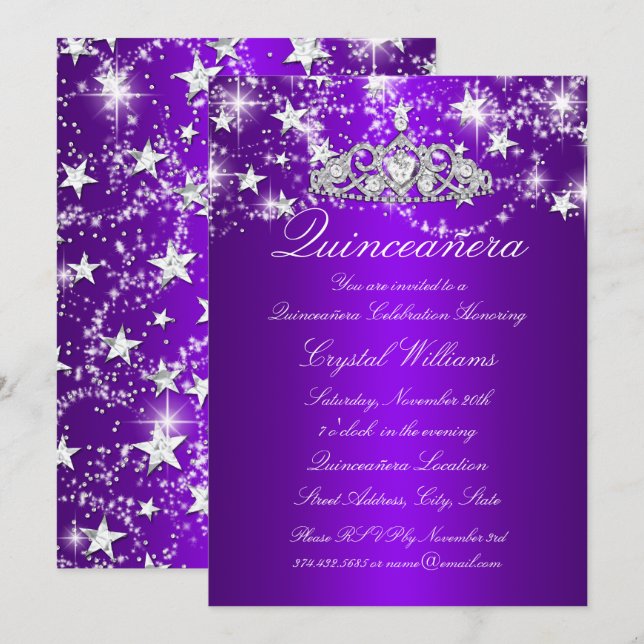 Convites Purple Sparkle Tiara & Stars Quinceanera (Frente/Verso)