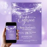 Convites Purple String Lights 18th Festa de aniversário<br><div class="desc">Elevem a celebração do marco do seu convidado de honra com este convite de aniversário roxo 18º. Estipulosamente moderno, ele dá o tom perfeito para uma noite inesquecível. Personalizar os convites é uma brisa, basta preencher os detalhes essenciais usando os modelos de texto fornecidos. Você pode escolher entre vários tipos...</div>
