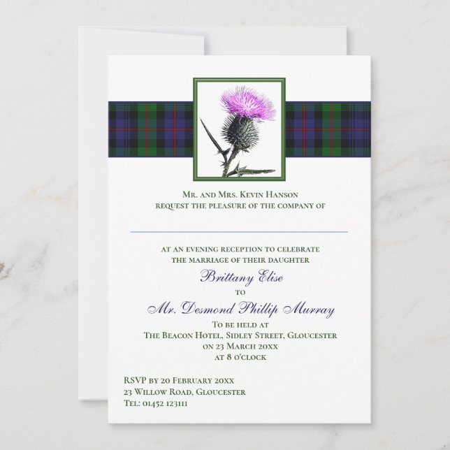 Convites Purple Thistle Murray de Atholl Tartan Wedding (Frente)