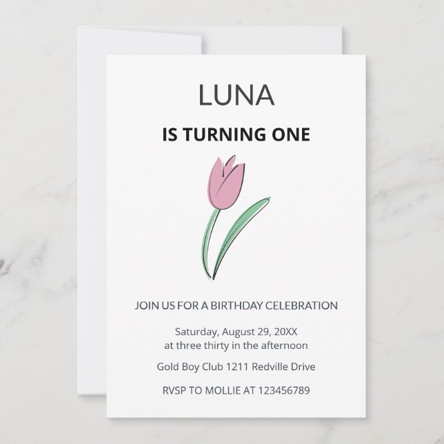 Convites Purple Tulip Floral Girl Kids First Birthday  (Frente)