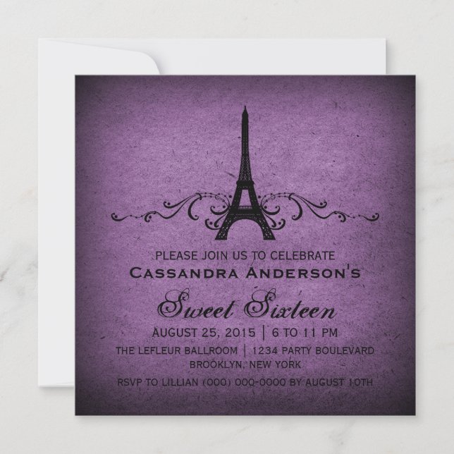 Convites Purple Vintage French Flourish Sweet 16 Invite (Frente)
