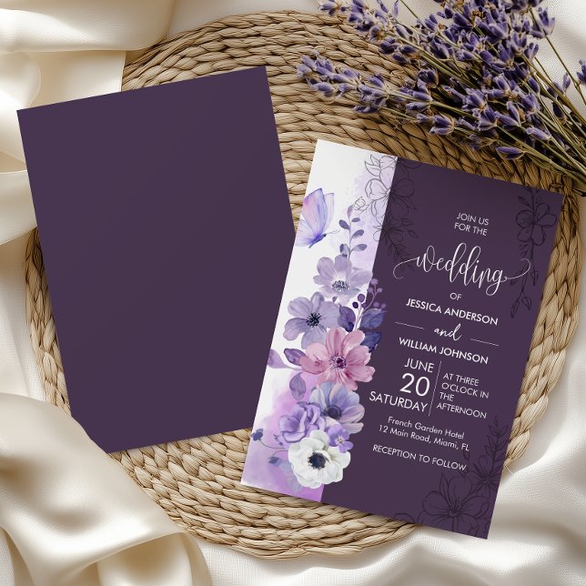 Convites Purple Watercolor Floral Wedding (Criador carregado)