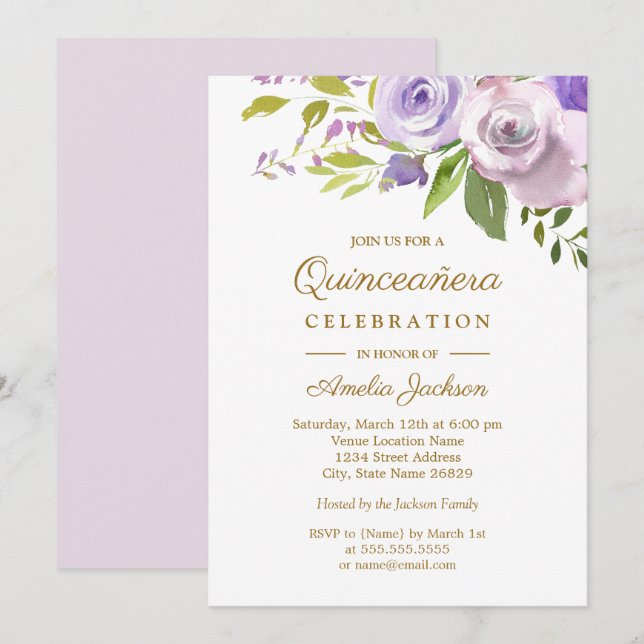 Convites Purple Watercolor Quinceanera Floral (Frente/Verso)