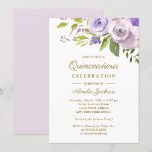 Convites Purple Watercolor Quinceanera Floral