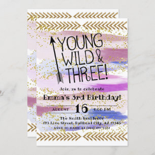Convites Purple Watercolor Young Wild & Three aniversário d