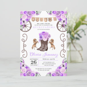 Convites Purple Western Charra Floral Boots Quinceañera