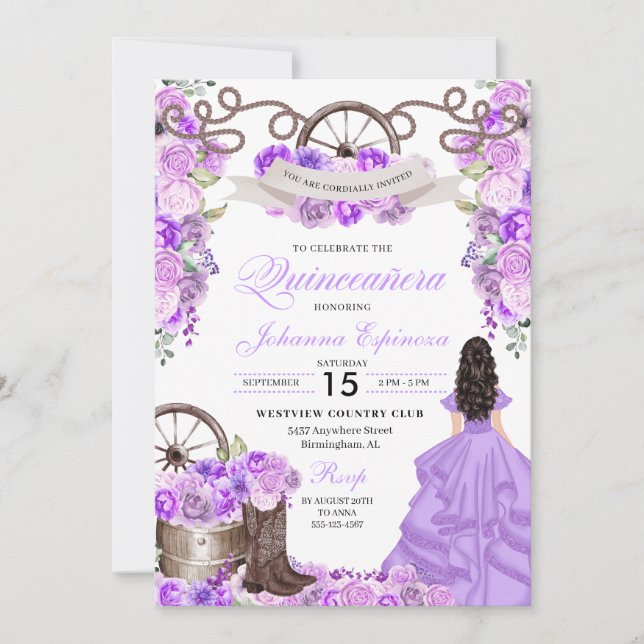 Convites Purple Western Charra Ranchero Quinceanera (Frente)