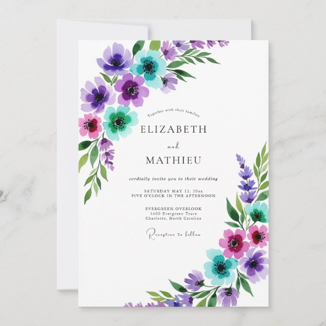 Convites Purple Whimsical Watercolor Spring Wedding (Frente)