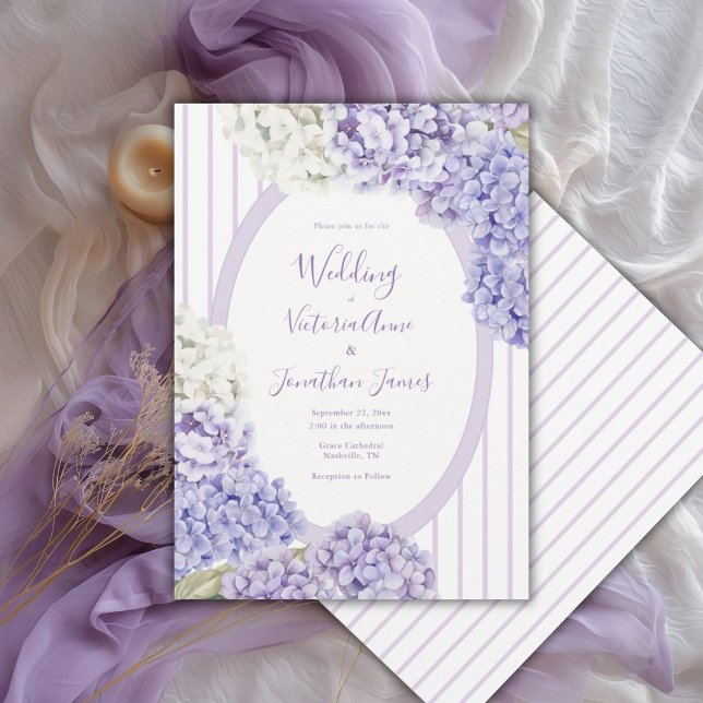 Convites Purple White Hydrangeas Floral Stripe Wedding (Criador carregado)