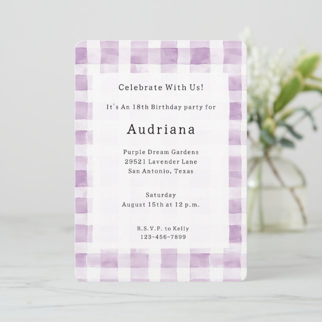Convites Purple White Plaid Stripes Birthday (Em pé/Frente)