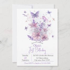 Convites Purple Wildflowers Butterfly Girl's 1st Birthday 