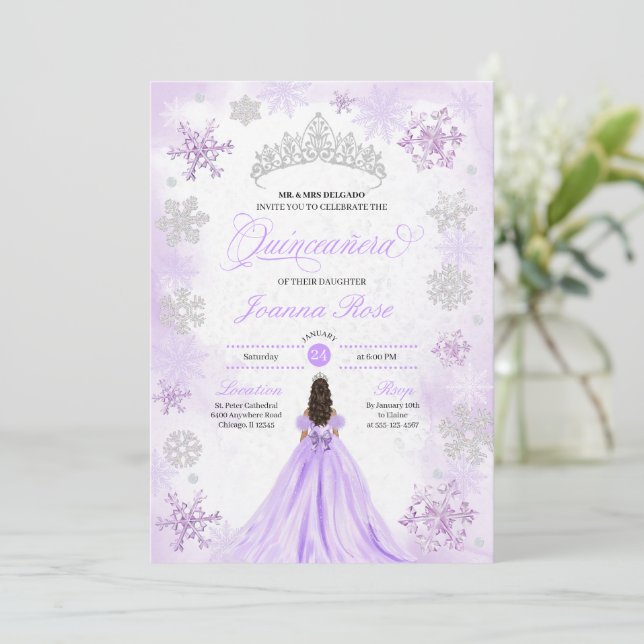 Convites Purple Winter Wonderland Snowflake Quinceanera (Em pé/Frente)